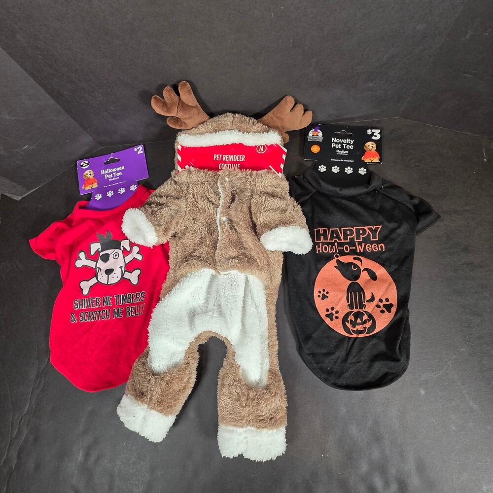 3 Medium Dog Halloween Costumes Funny T-Shrits & Fluffy Jumpsuit Reindeer